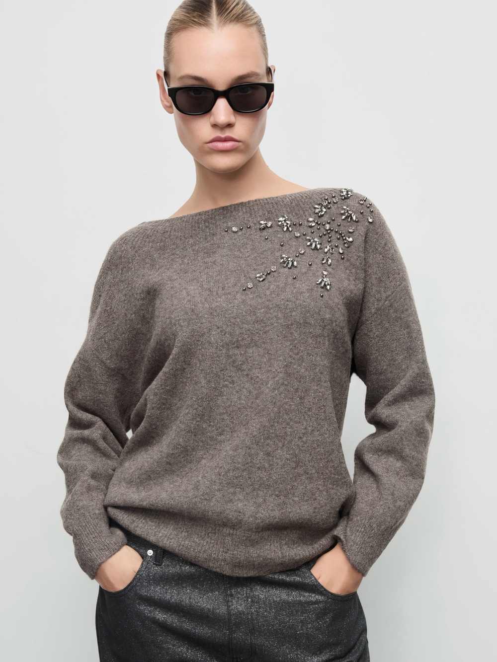 Elegant MANGO Embellished Sweater in Taupe - Size M